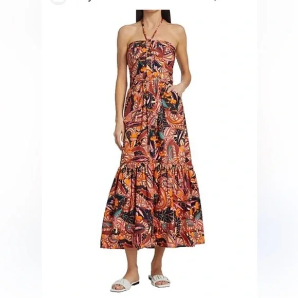 ALC Adelle Tiered Halter Dress Midi Length Tropical Print Size 8 Cotton Vacation - Picture 1 of 8